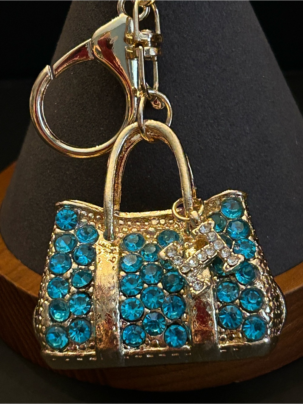Stunning Teal Crystal Encrusted Gold Handbag Initial Keychain Purse Bag Charm